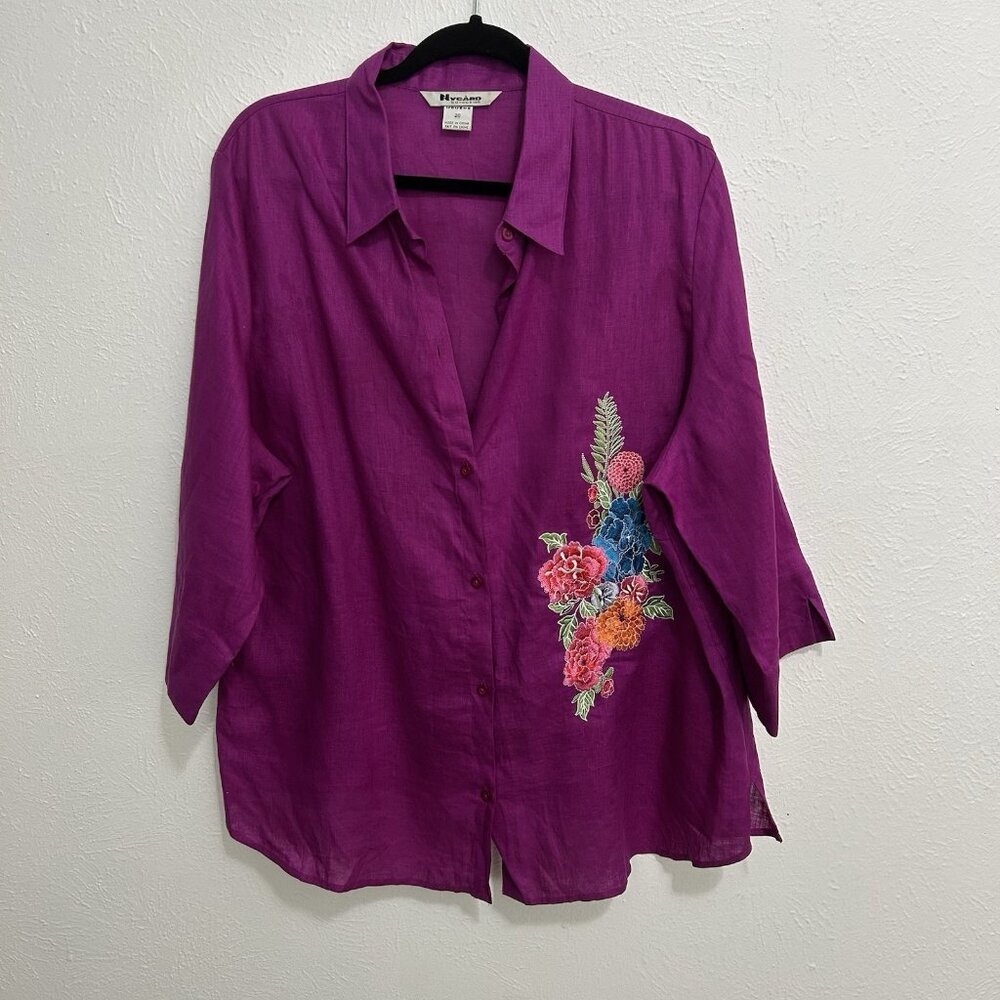PETER‎ NYGARD 100% Linen Purple Floral Embroidered Shirt Top 3/4 Sleeve Size 20